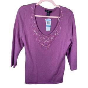 INC International Concepts Pink Sweater Beaded V Neck Silk Blend Womens SZ XL‎